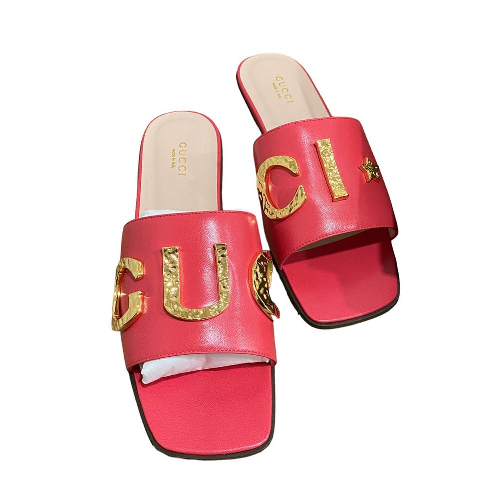 Gucci Cara Slide Sandal In Runway Coral 38 Leather Gold Letter Logo